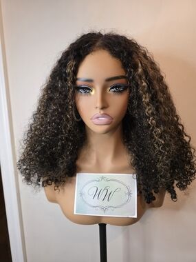 Curly Brown Highlighted Human Hair Wig - With Kinky Edges